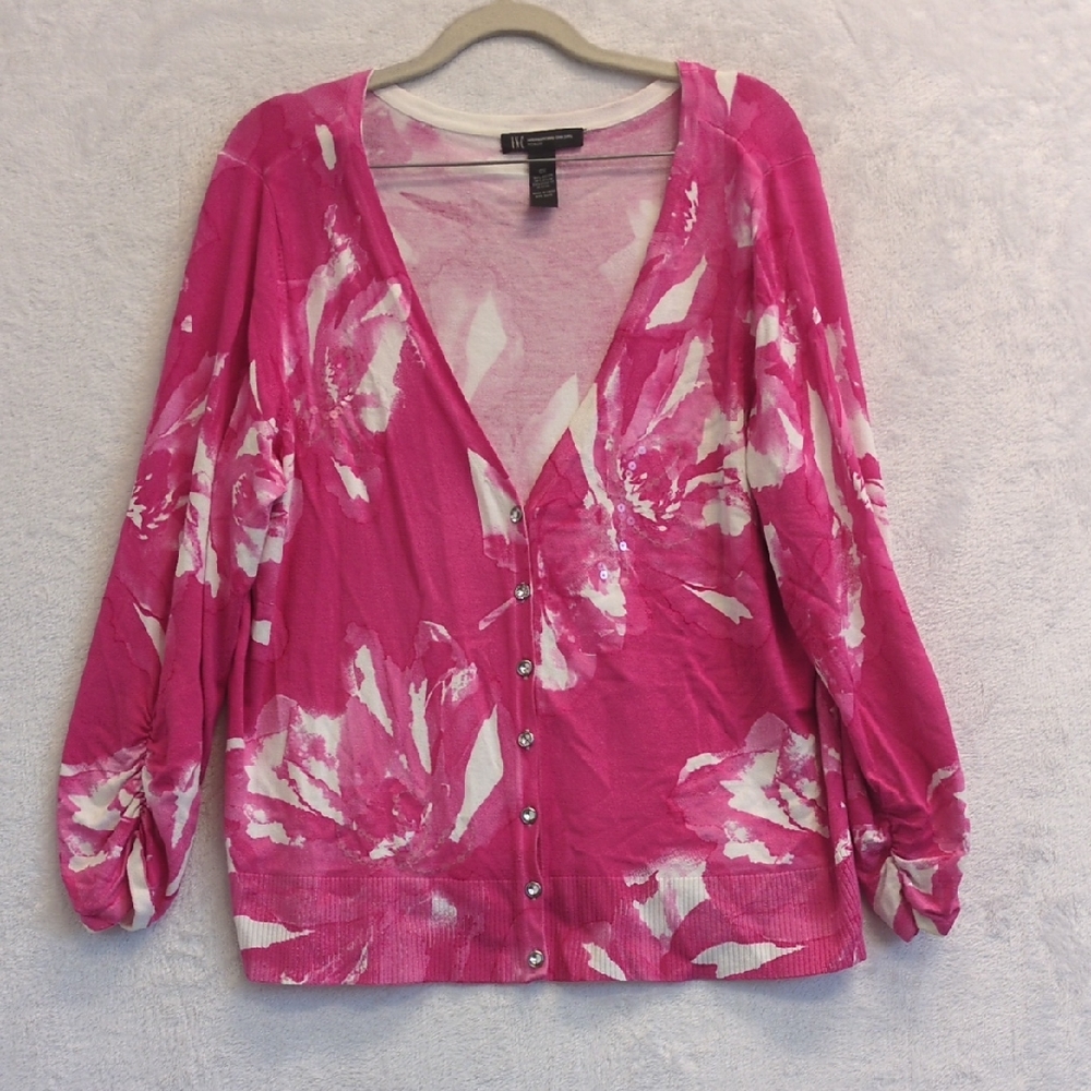 INC Women's Pink & White Abstract Barbiecore Office Cardigan Size 0X